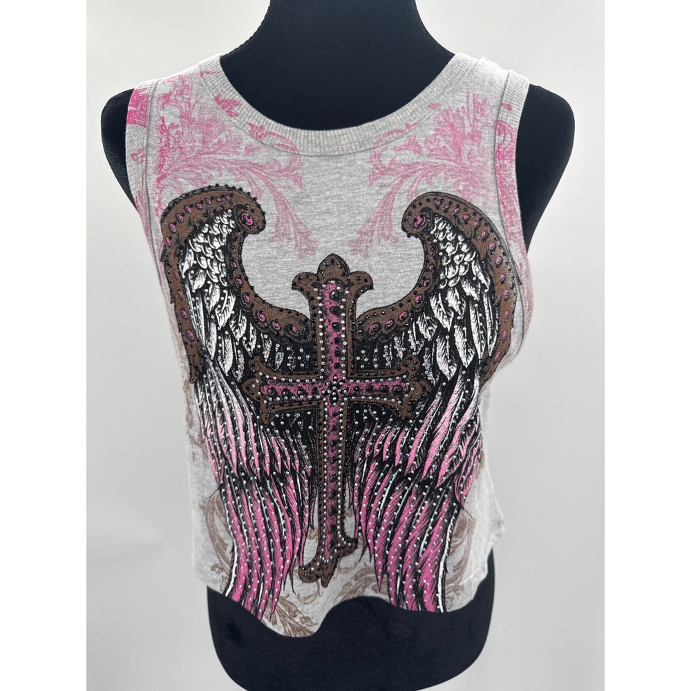 Vocal Womens Winged Cross Rhinestone Graphic Crop Tank Top Gray Pink Y2K Medium